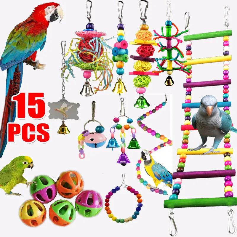 Combination Bird Toys Set Swing Chewing Training Toys Small Parrot Hanging Hammock Parrot Cage Bell Perch Toys with Ladder Toys - New House Pets