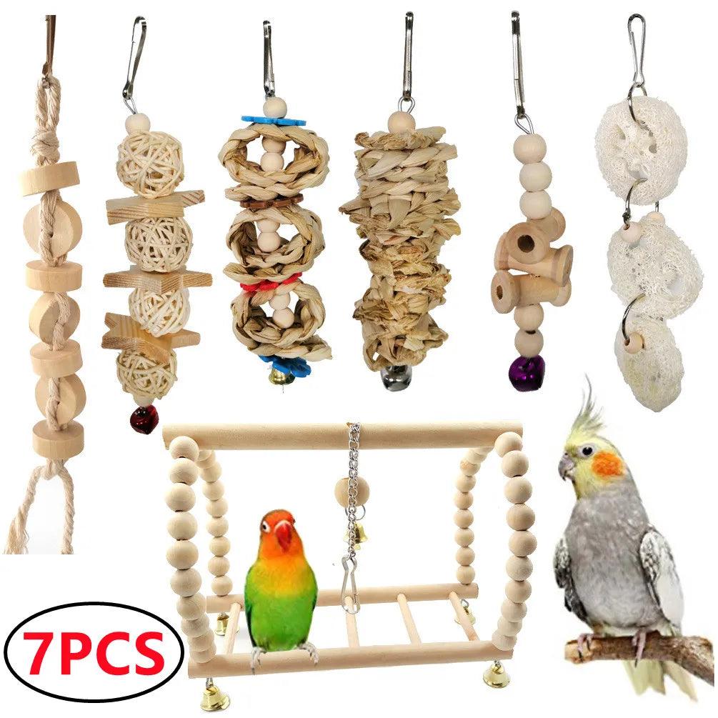 Combination Bird Toys Set Swing Chewing Training Toys Small Parrot Hanging Hammock Parrot Cage Bell Perch Toys with Ladder Toys - New House Pets