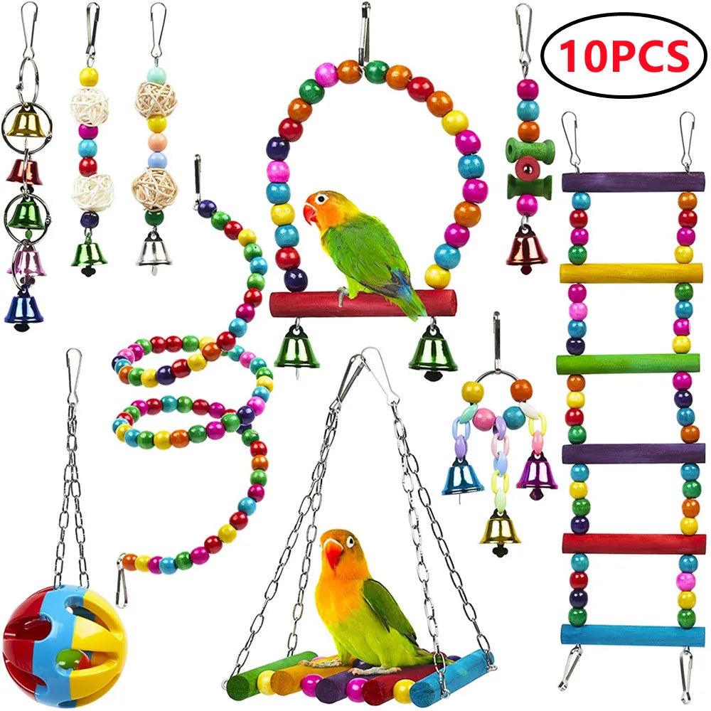 Combination Bird Toys Set Swing Chewing Training Toys Small Parrot Hanging Hammock Parrot Cage Bell Perch Toys with Ladder Toys - New House Pets