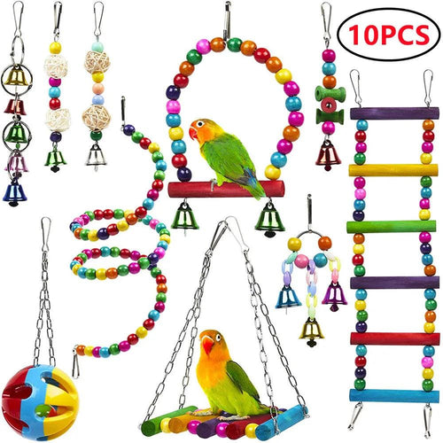 Combination Bird Toys Set Swing Chewing Training Toys Small Parrot Hanging Hammock Parrot Cage Bell Perch Toys with Ladder Toys - New House Pets