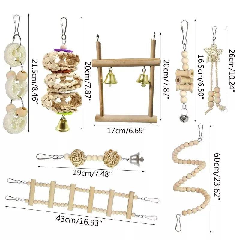 Combination Bird Toys Set Swing Chewing Training Toys Small Parrot Hanging Hammock Parrot Cage Bell Perch Toys with Ladder Toys - New House Pets