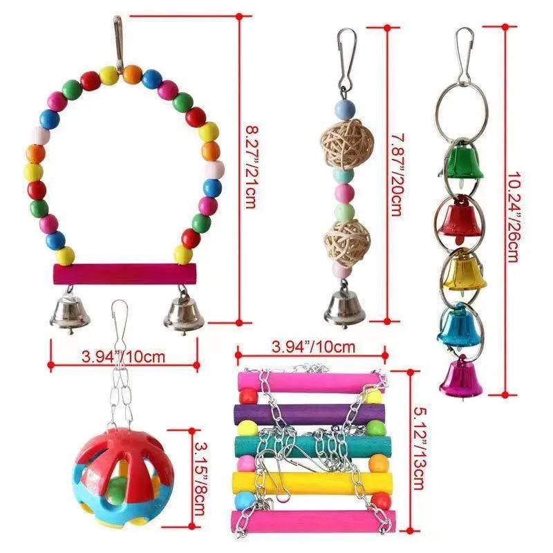 Combination Bird Toys Set Swing Chewing Training Toys Small Parrot Hanging Hammock Parrot Cage Bell Perch Toys with Ladder Toys - New House Pets