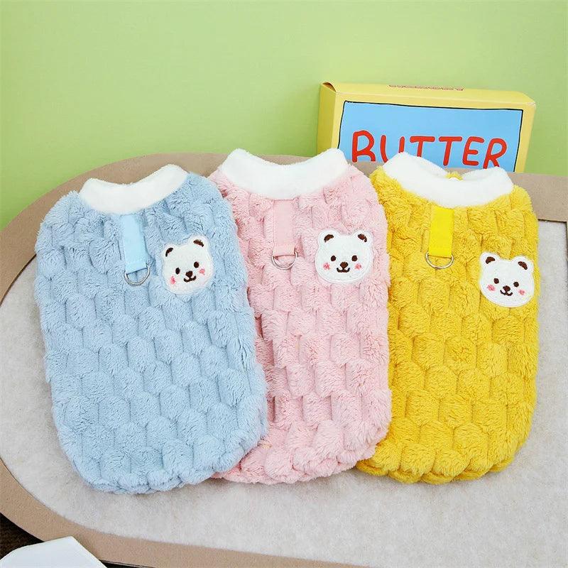 Winter Cat Dog Clothes with Buckle Sweet Bear Print Pet Plush Sweater for Small Dogs Pomeranian Chihuahua Puppy Button Jacket - New House Pets
