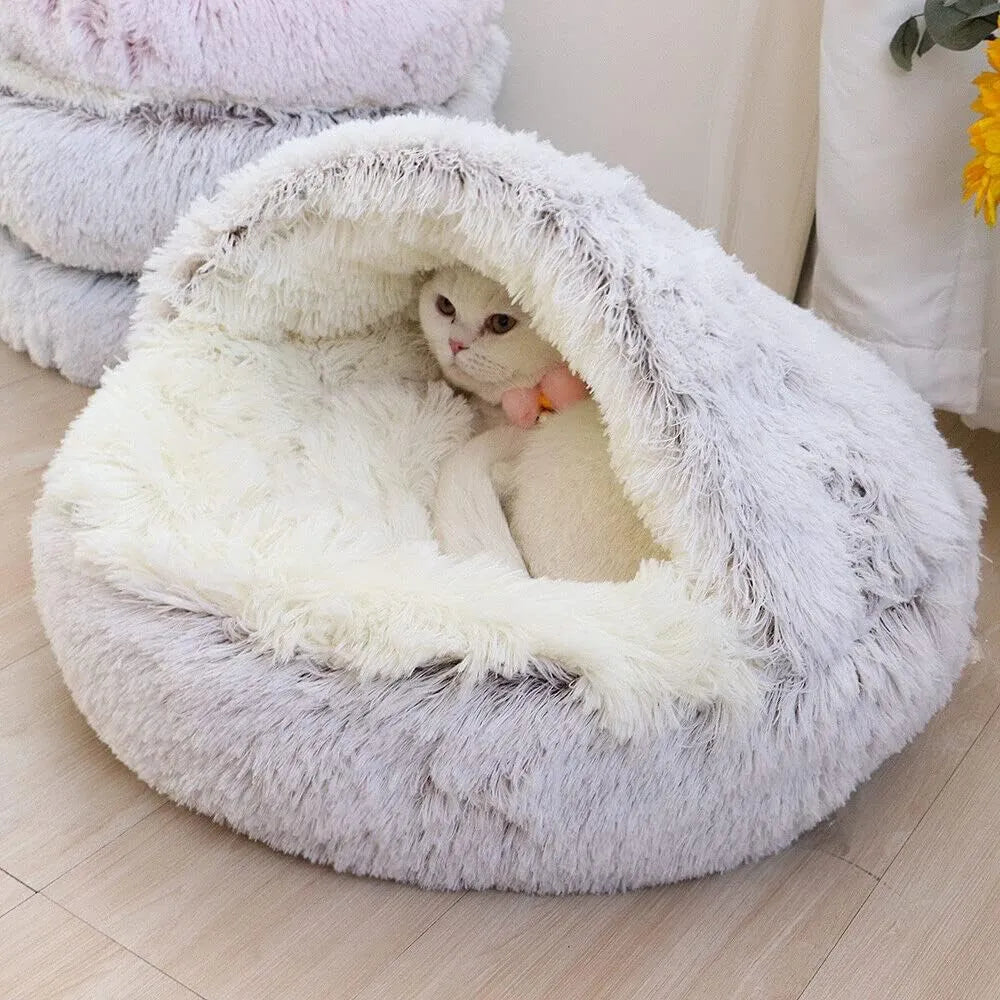 Soft Plush Round Cat Bed Pet Mattress Warm Comfortable Basket Cat Dog 2 in 1 Sleeping Bag Nest for Small Dogs - New House Pets