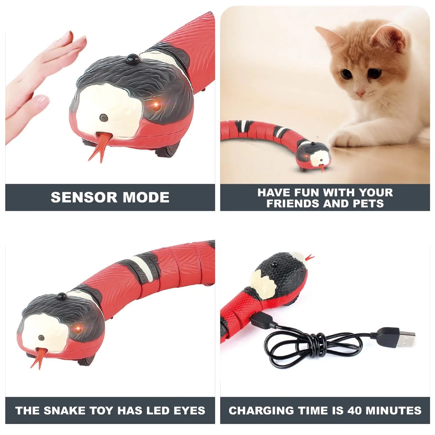 Smart Sensing Cat Toys Interactive Automatic Eletronic Snake Cat Teaser Indoor Play Kitten Toy USB Rechargeable for Cats Kitten - New House Pets