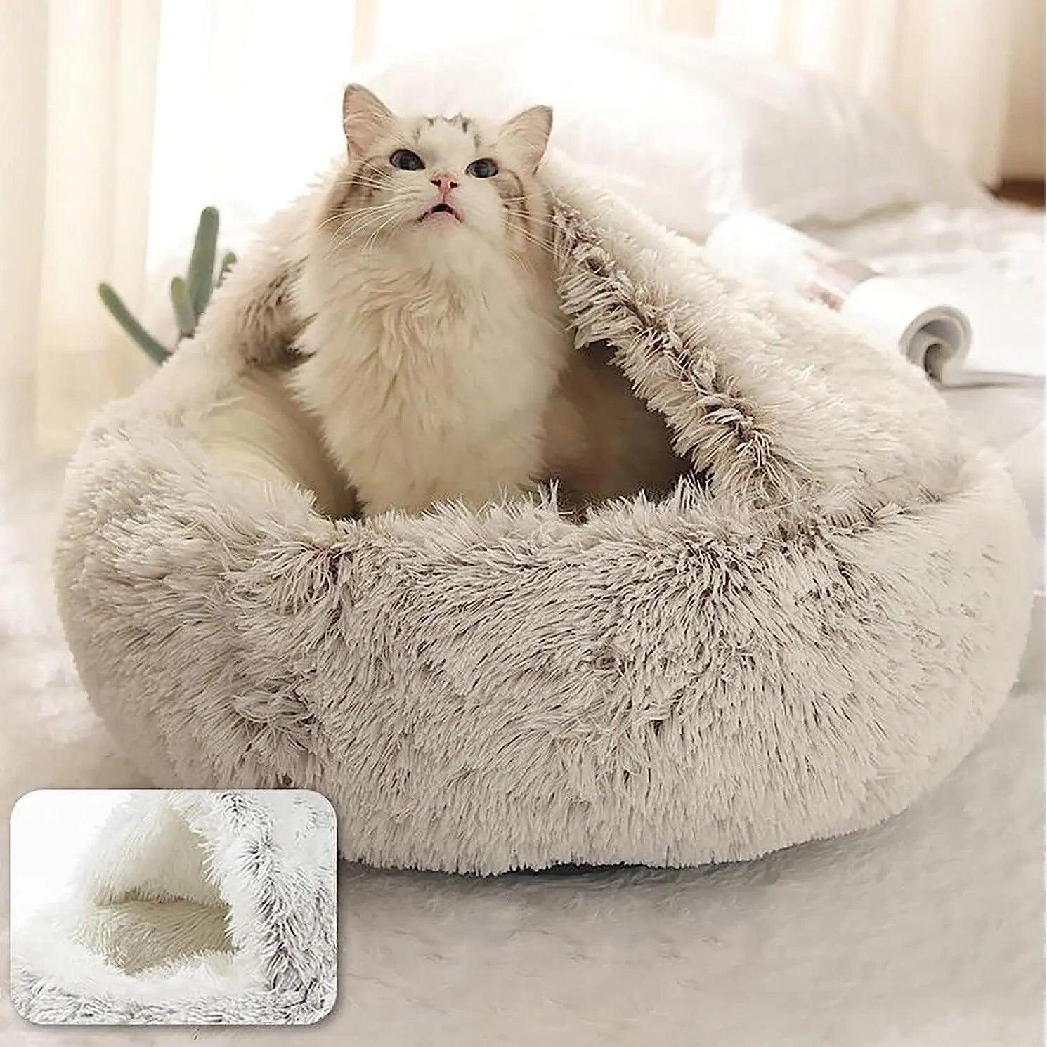 Soft Plush Round Cat Bed Pet Mattress Warm Comfortable Basket Cat Dog 2 in 1 Sleeping Bag Nest for Small Dogs - New House Pets