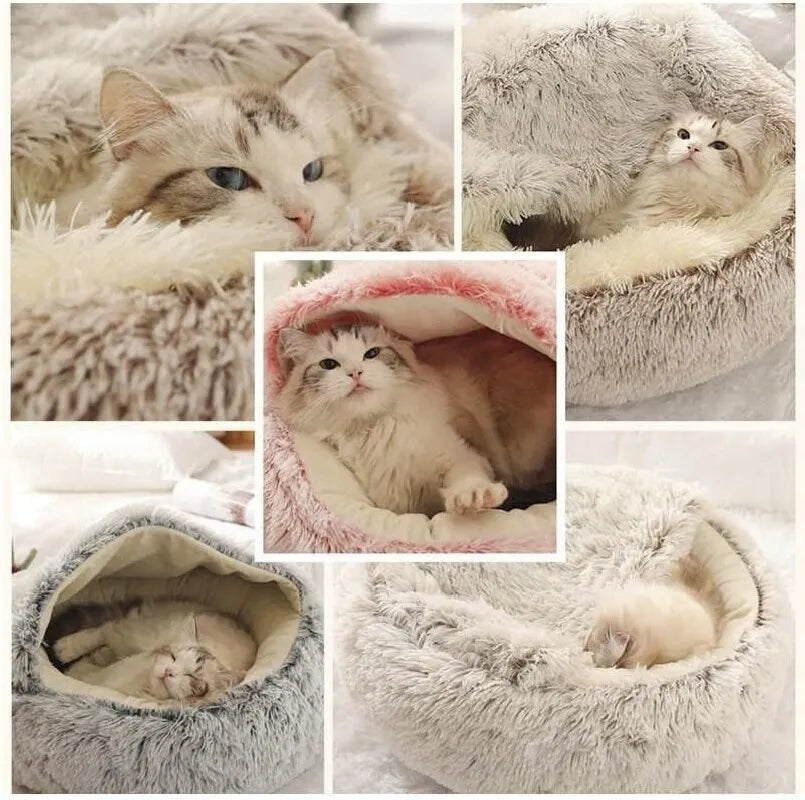 Soft Plush Round Cat Bed Pet Mattress Warm Comfortable Basket Cat Dog 2 in 1 Sleeping Bag Nest for Small Dogs - New House Pets