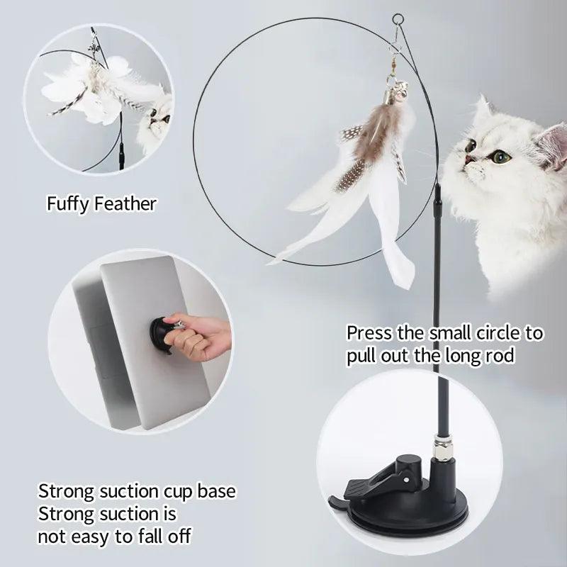 Interactive Cat Toy Handfree Cat Stick Playing Kitten Playing Teaser Wand Toy Suction Cup Bird/Feather Cat Wand Pet Supplies - New House Pets